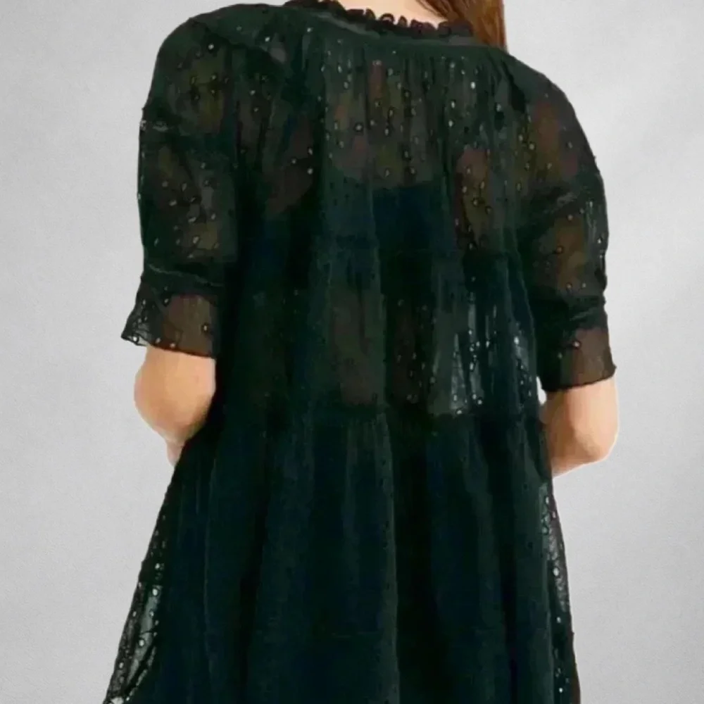 Free People Womens Blouse SP Black Eyelet Boho Semi Sheer Ruffle Puff Sleeve